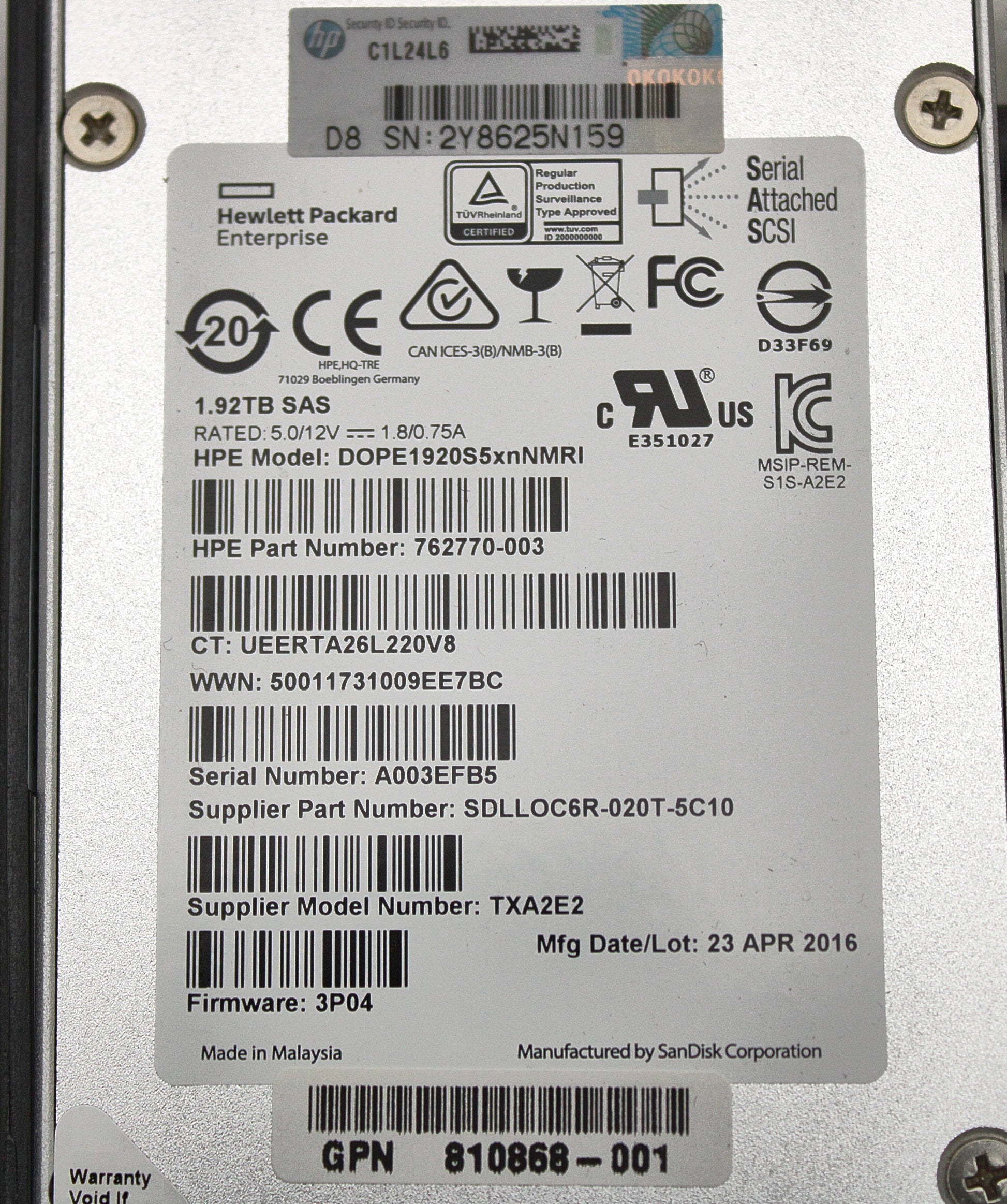 HP 810771-001 1.92TB 6G SFF SAS SSD HDD (3PAR), Used