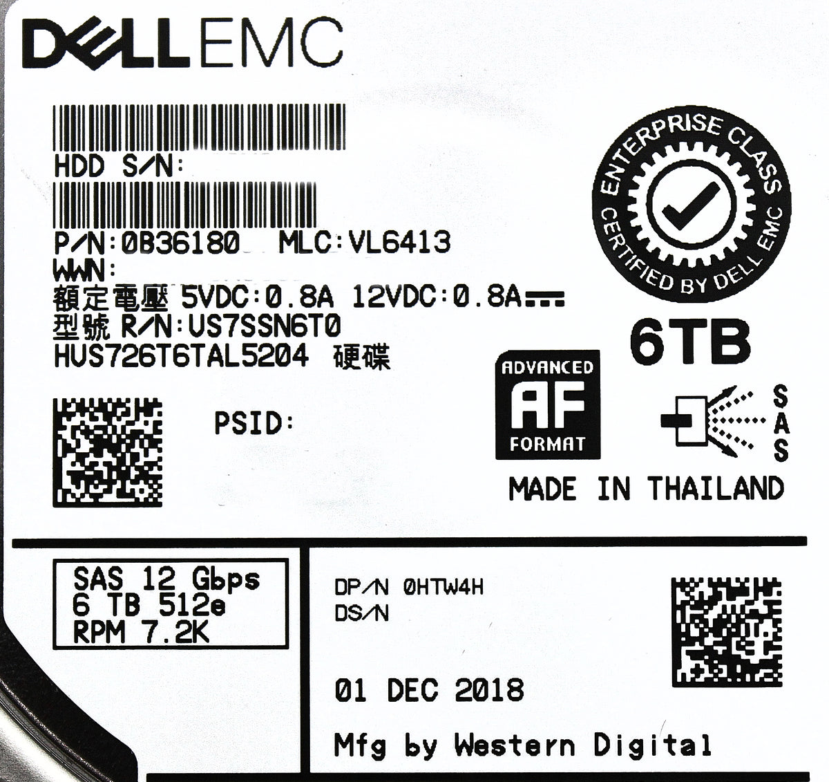 10GTEK HTW4H-CML 6TB 7.2K 3.5 SAS 12G Value level Firmware, Used