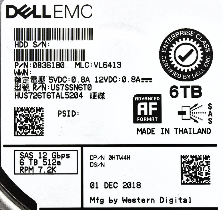10GTEK HTW4H-CML 6TB 7.2K 3.5 SAS 12G Value level Firmware, Used