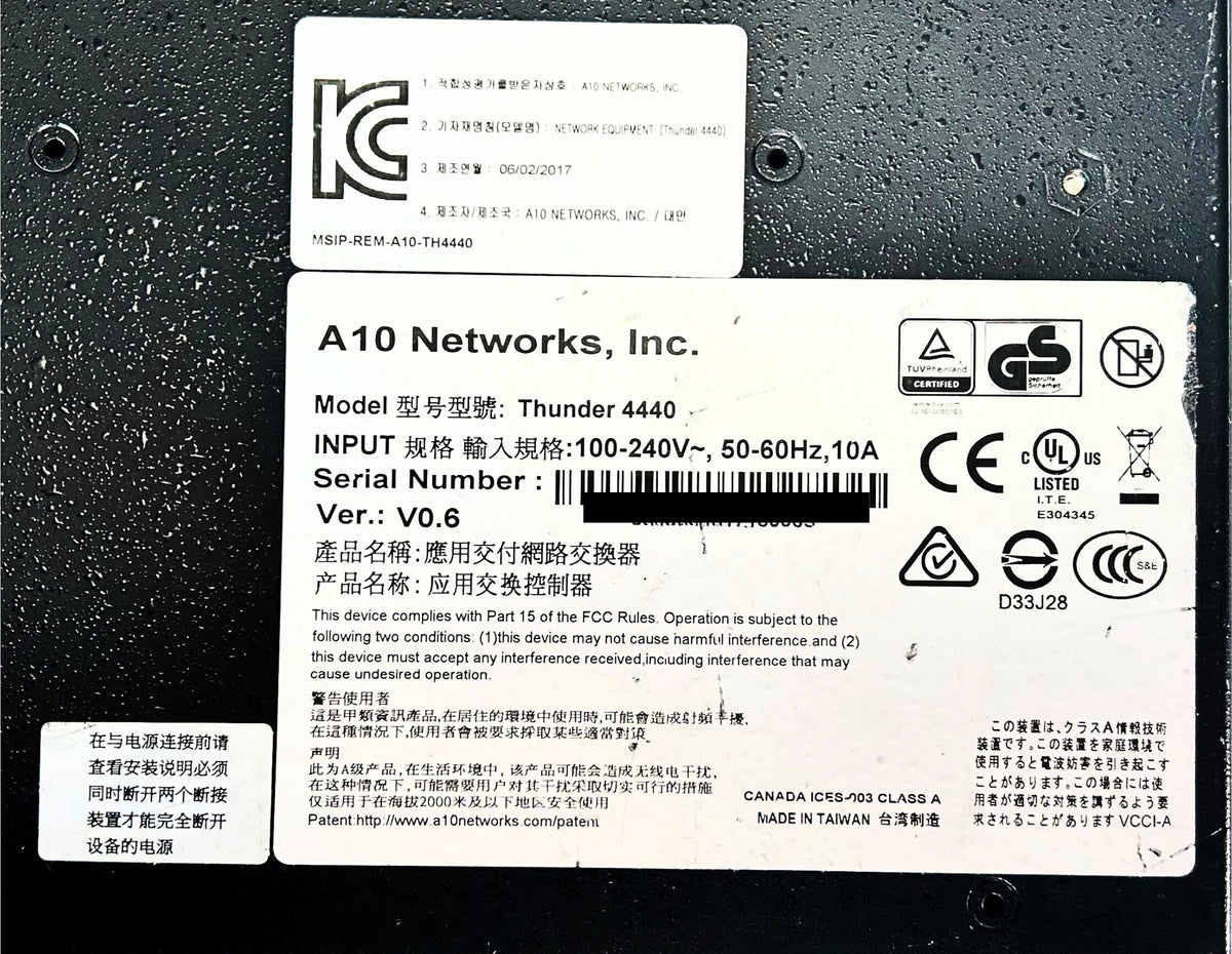 A10 Networks  TH4440-010-4SSL A10 Networks THUNDER 4440 ADC v 5.2 TH4440-010-4SSL, Used