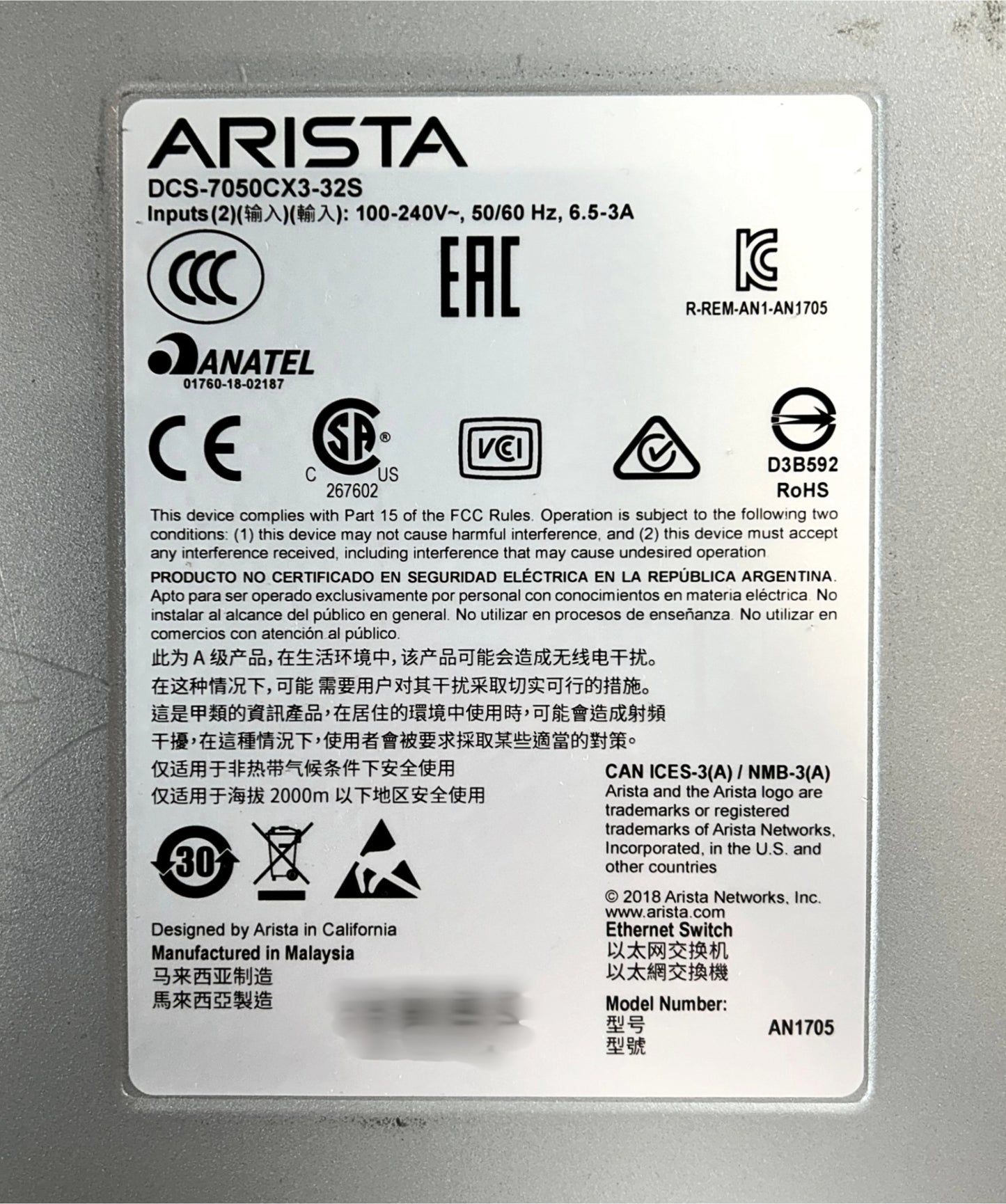 Arista DCS-7050CX3-32S-R 32 Ports 100Gb QSFP100 2 Port 1/10Gb SFP+ Uplink Managed Switch Rear to Front Airflow, Used