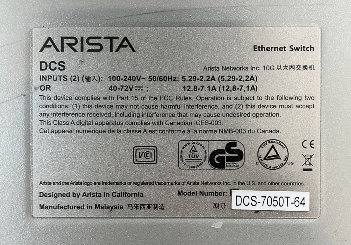 Arista DCS-7050T-64-F 7050 48XRJ45 1/10GBASET R TO F, Used