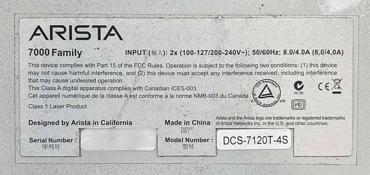 Arista DCS-7120T-4S Arista DCS-7120T-4S-F 20 Port 10GBase-T Ethernet Switch, Used