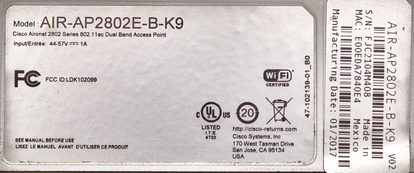Cisco AIR-AP2802E-B-K9 AIR-AP2802E-B-K9 CISCO 802.11AC WA, Used