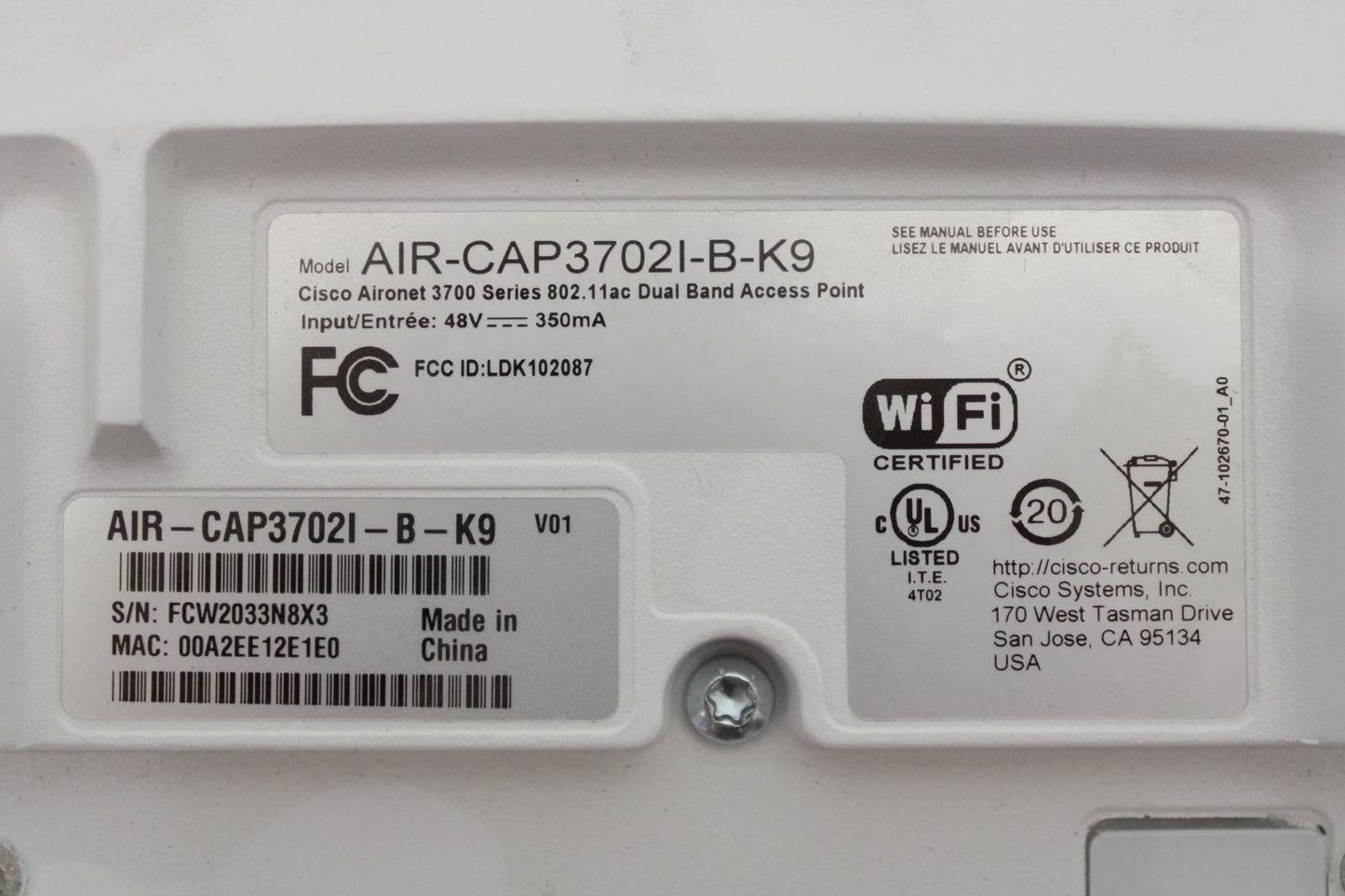 Cisco AIR-CAP3702I-B-K9 802.11AC CTRL AP 4X4:3SS CLEANAIR, Used