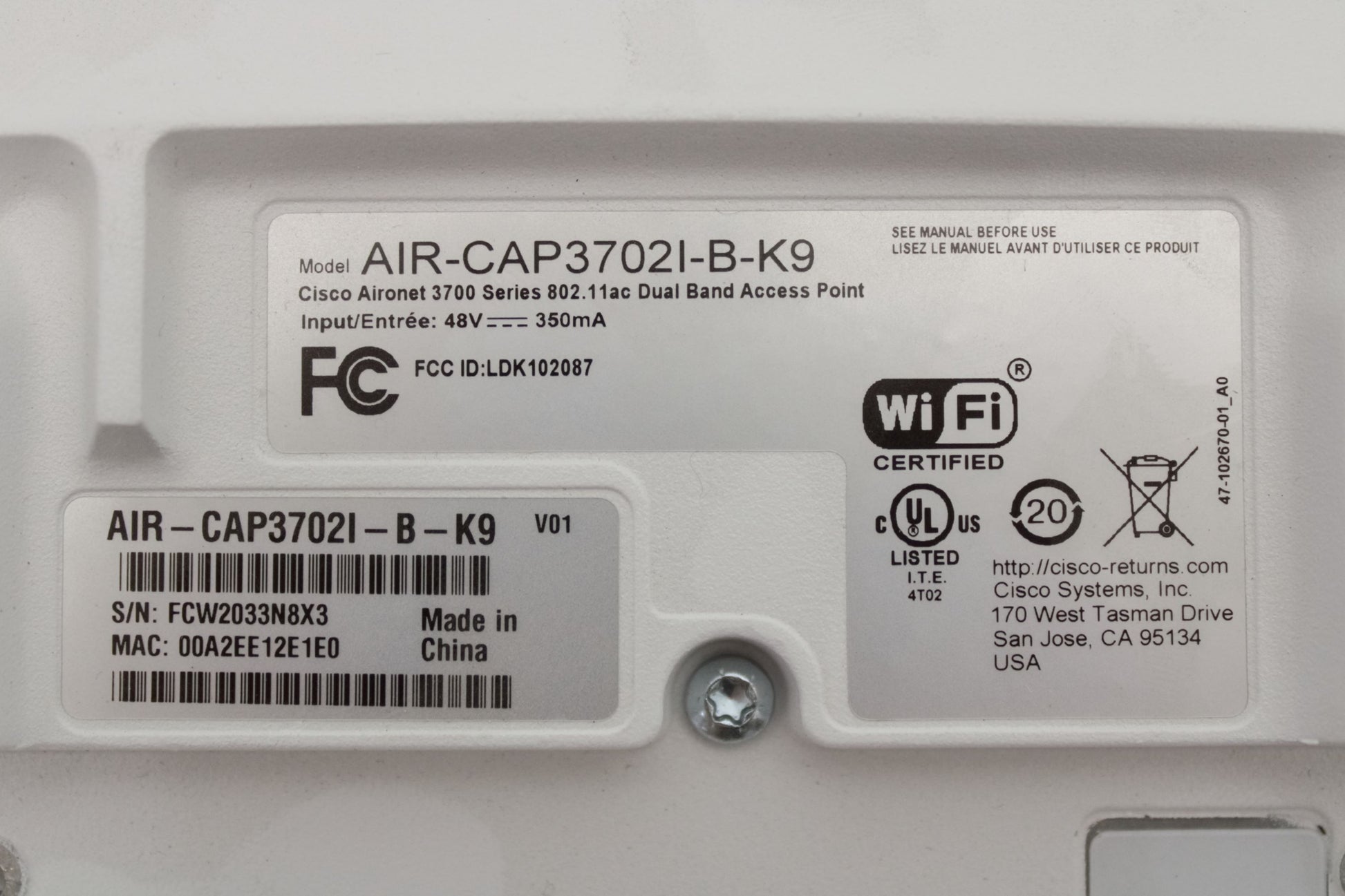 Cisco AIR-CAP3702I-B-K9_x10 802.11AC CTRL AP 4X4:3SS CLEANAIR, Used