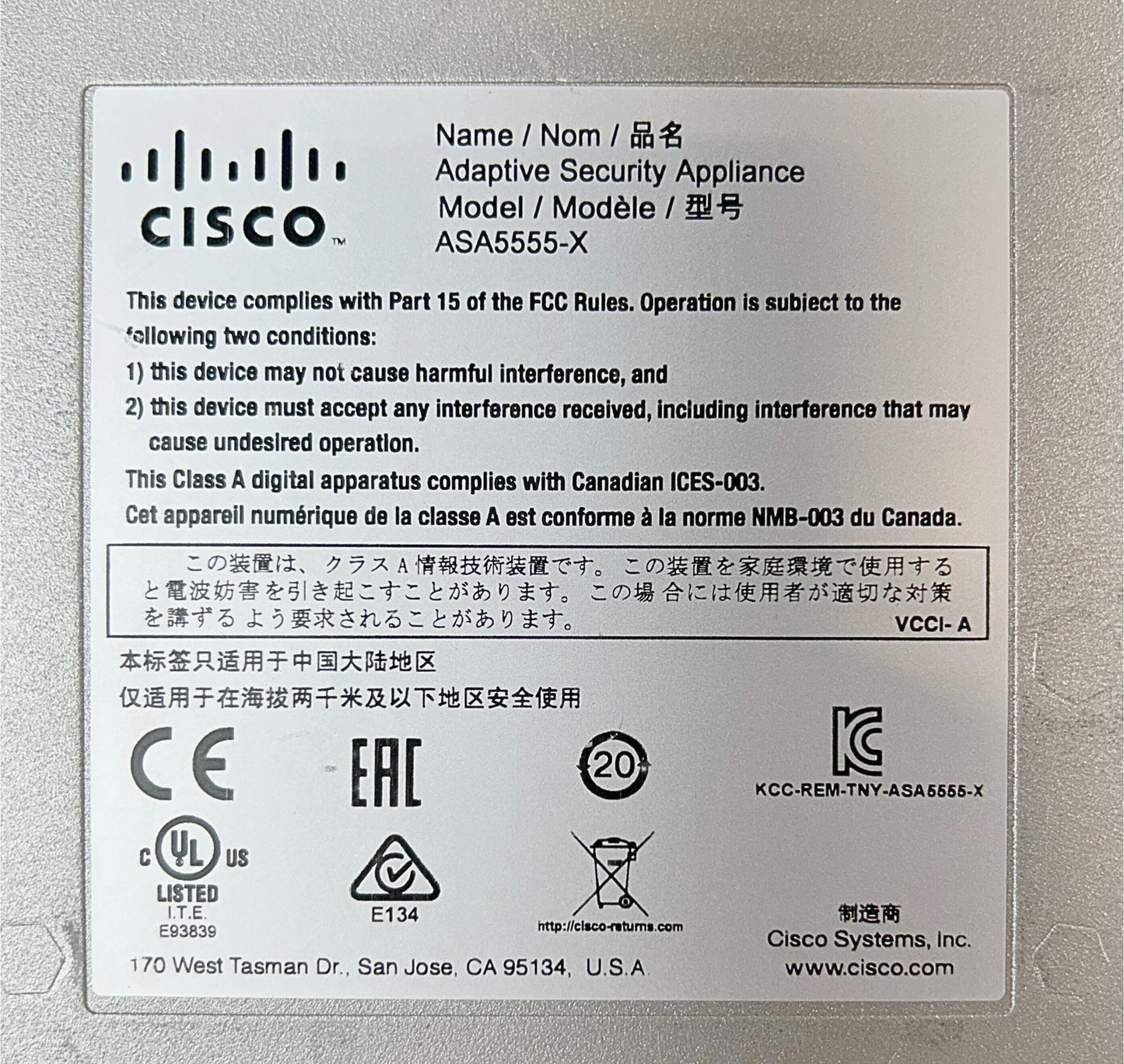 Cisco ASA5555-K9 CISCO ASA 5555-X 8-PORT 3DES SEC AP, Used