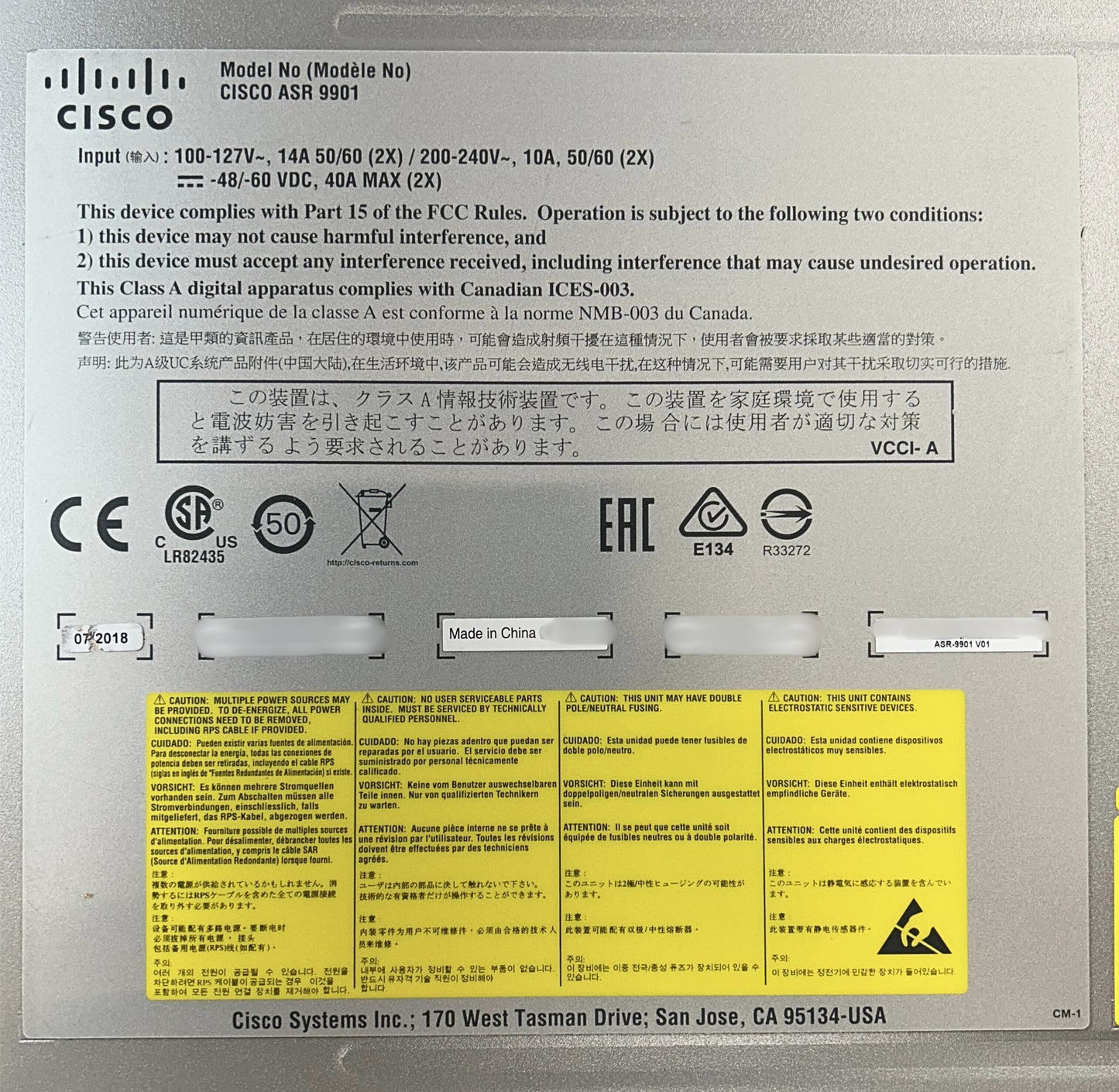 Cisco ASR-9901 Cisco ASR-9901 Router 16x1 GE, 24x 1/10 GE, 2x100 GE Dual AC, Used