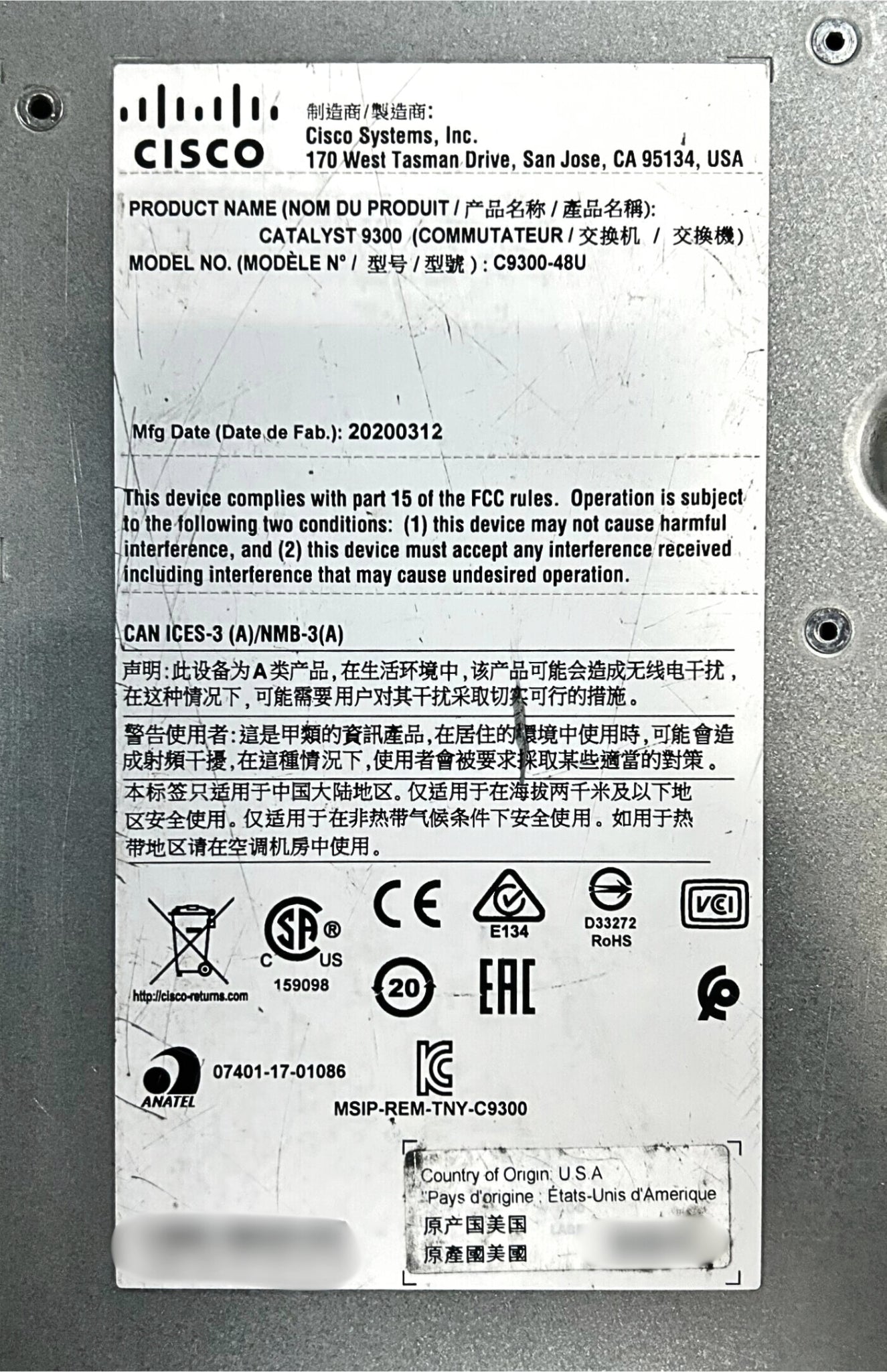 Cisco C9300-48U-A Catalyst 9300 48-Port UPOE Managed Network Switch, Used