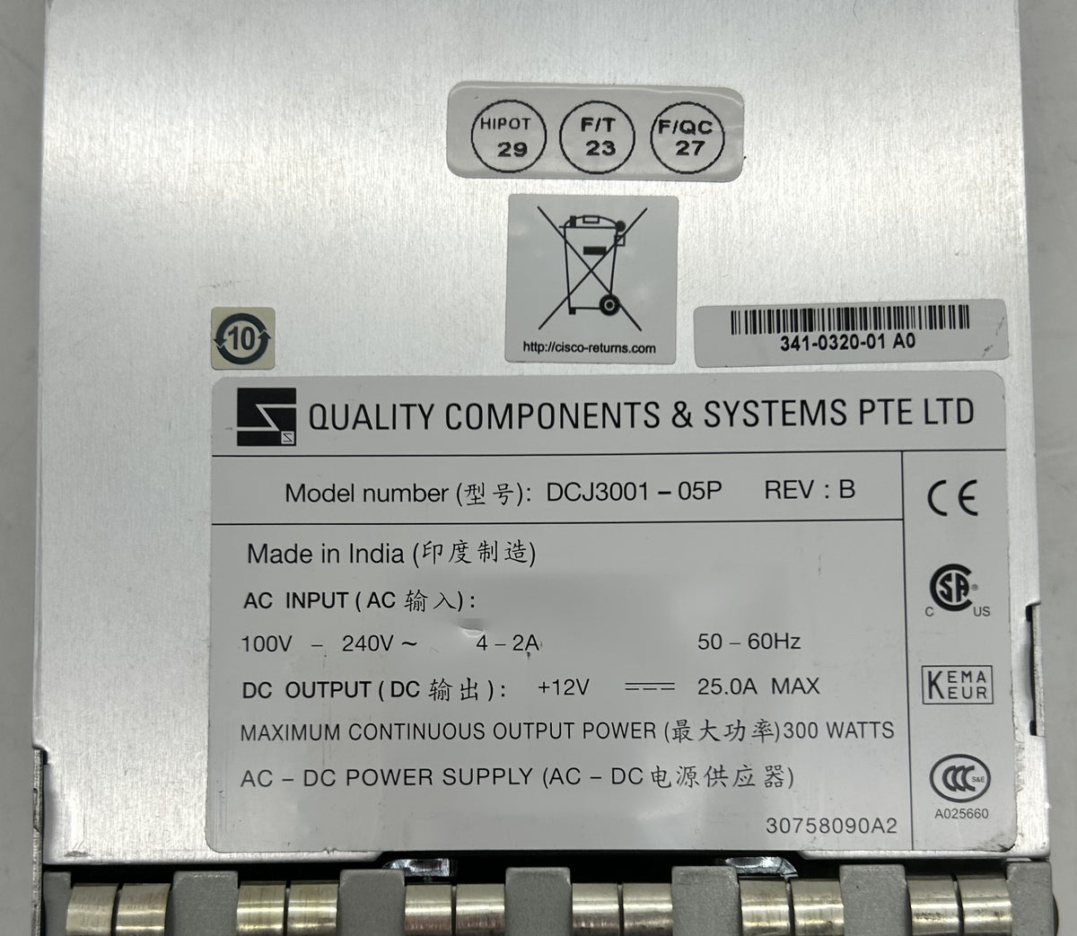 Cisco DS-C48-300AC Cisco DS-C48-300AC MDS 9148 AC Power Supply 100-240V AC to 12V DC, Used