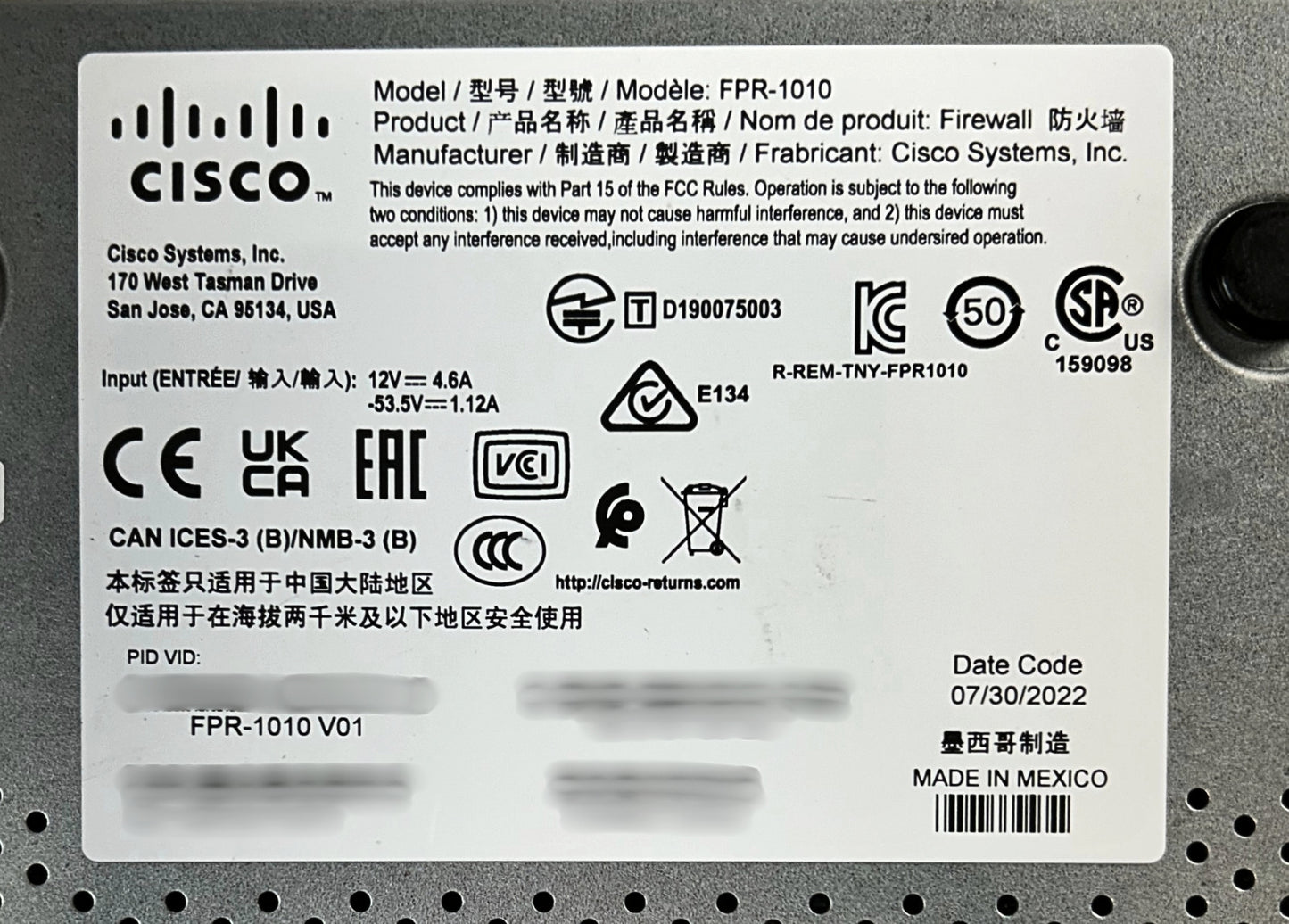 Cisco FPR-1010 Firepower 1010 Firewall Security Appliance, Used