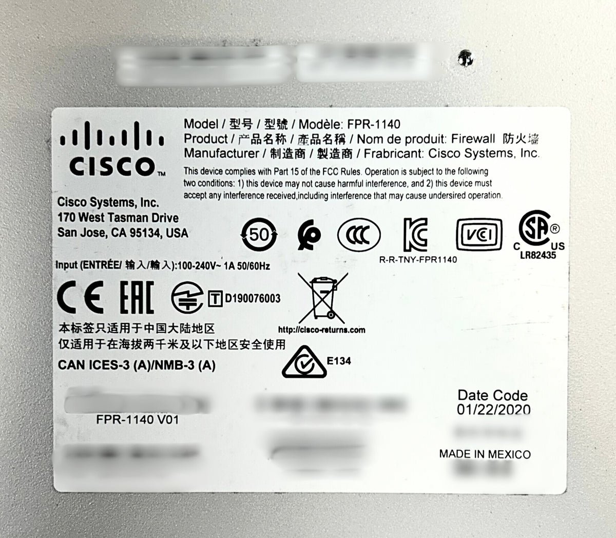 Cisco FPR-1140 FirePower 10000 Series Network Security Appliance, Used