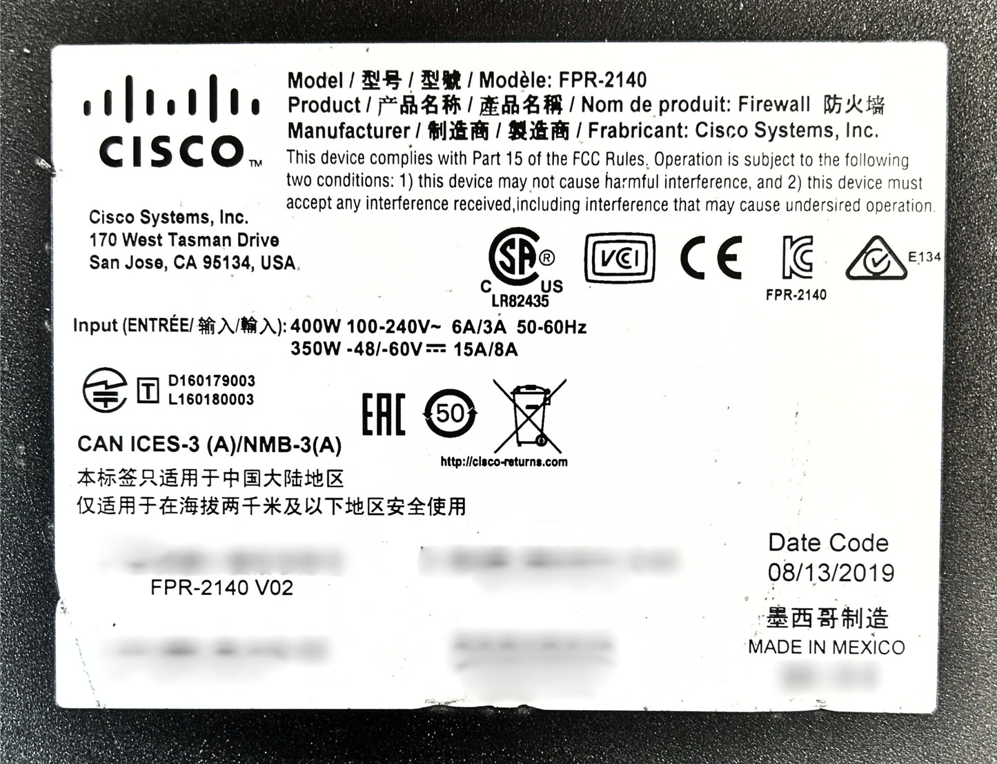 Cisco FPR-2140 Firepower 2140 Security Appliance 1U 20G FW Throughput, Used