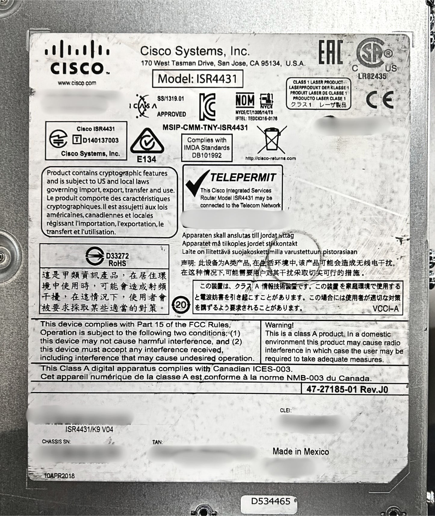 Cisco ISR4431/K9 4431,4GE,3 NIM,1 ISC,8GB/2G/4G MEM, Used