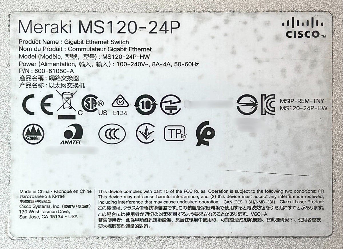 Cisco MS120-24P UNCLAIMED Meraki 24 Port Cloud Managed PoE Switch, Used