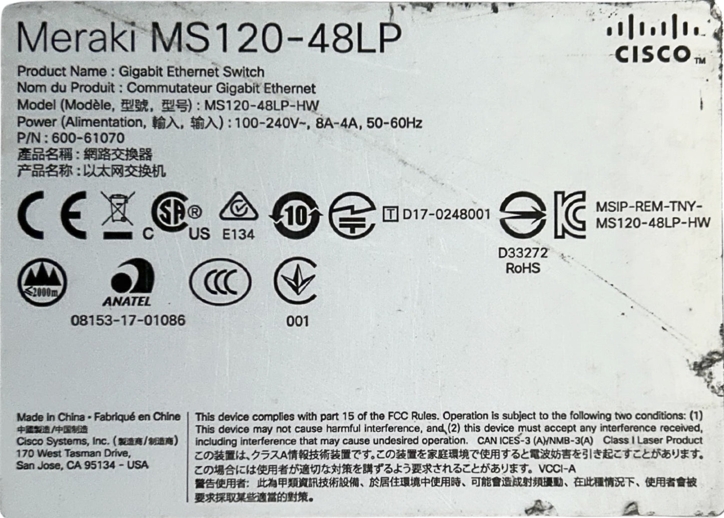Cisco MS120-48LP-HW MS120-48LP 1G L2 Cld Managed 48x GigE 370W PoE Switch, Used