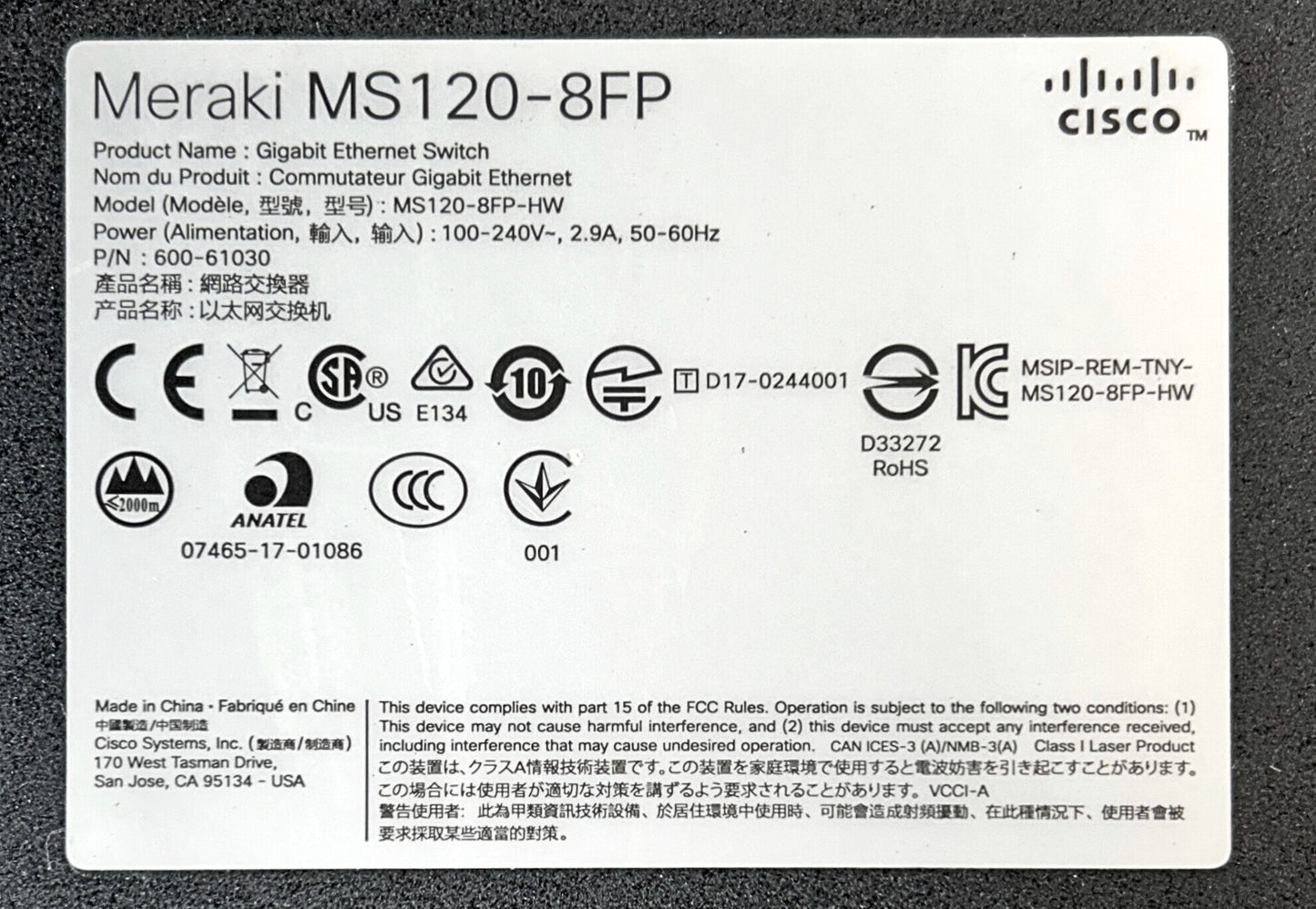 Cisco MS120-8FP MS120-8FP 1G L2 CLOUD MANAGED 8x1G, Used