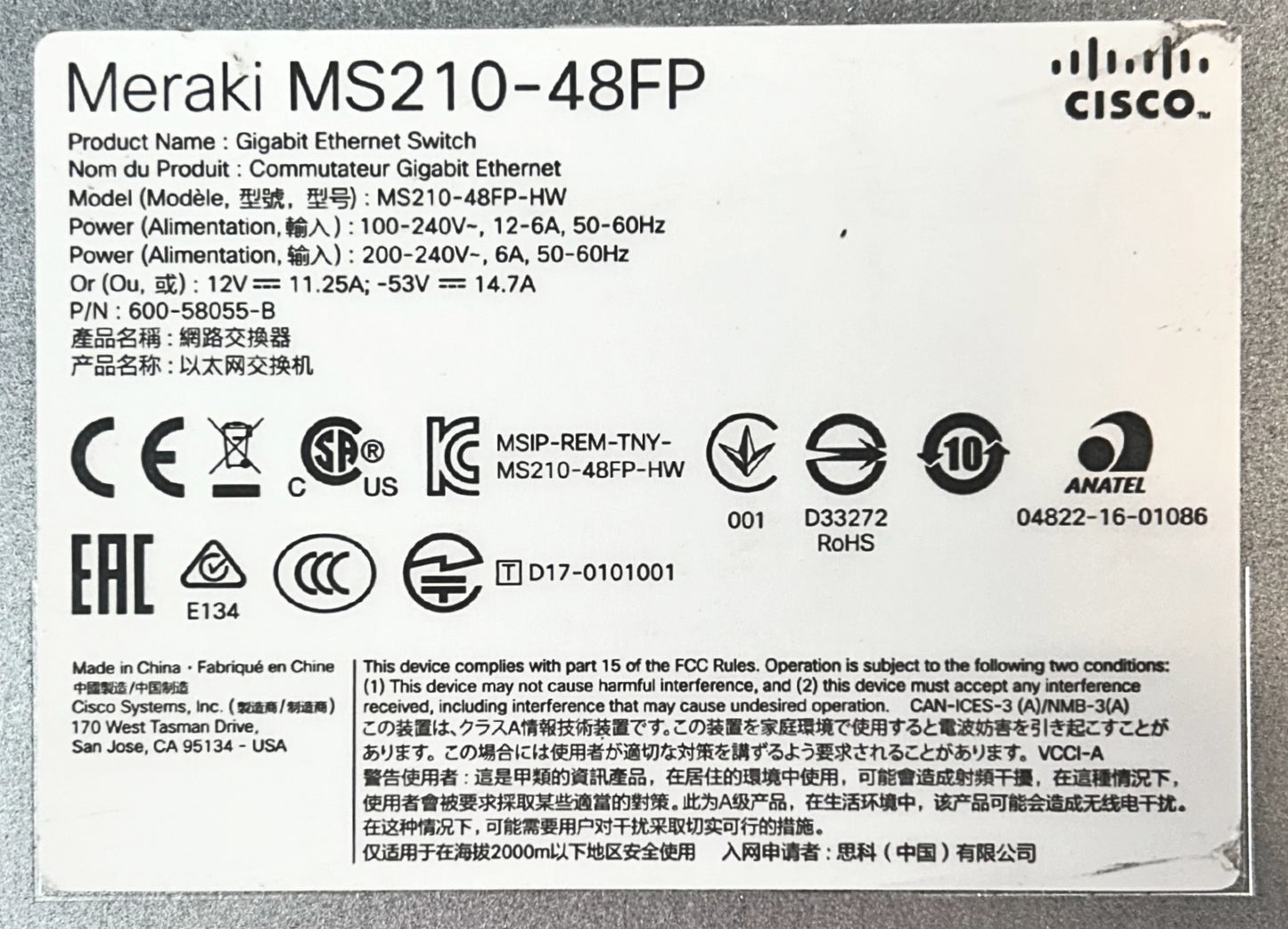 Cisco MS210-48FP-HW Meraki MS210-48FP-HW 48x 1GB PoE+ RJ-45 4x 1GB SFP Unclaimed, Used