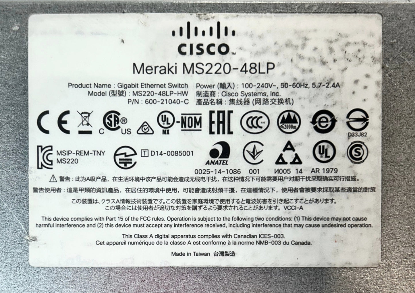Cisco MS220-48LP-HW Meraki L2 Cloud Managed 48-Port SFP POE Switch, Used