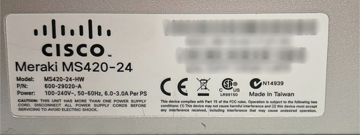 Cisco MS420-24-HW *UNCLAIMED* Meraki MS420 24 Port Cloud Managed Aggregation Switch, Used