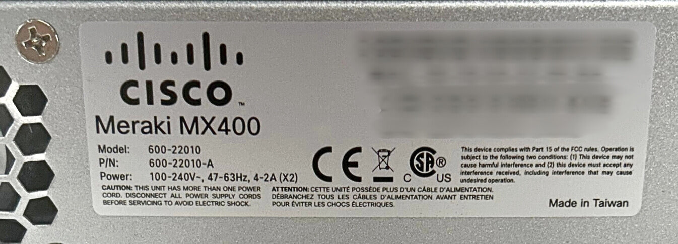 Cisco MX400-HW Meraki 4-Port Managed Security Appliance, Used