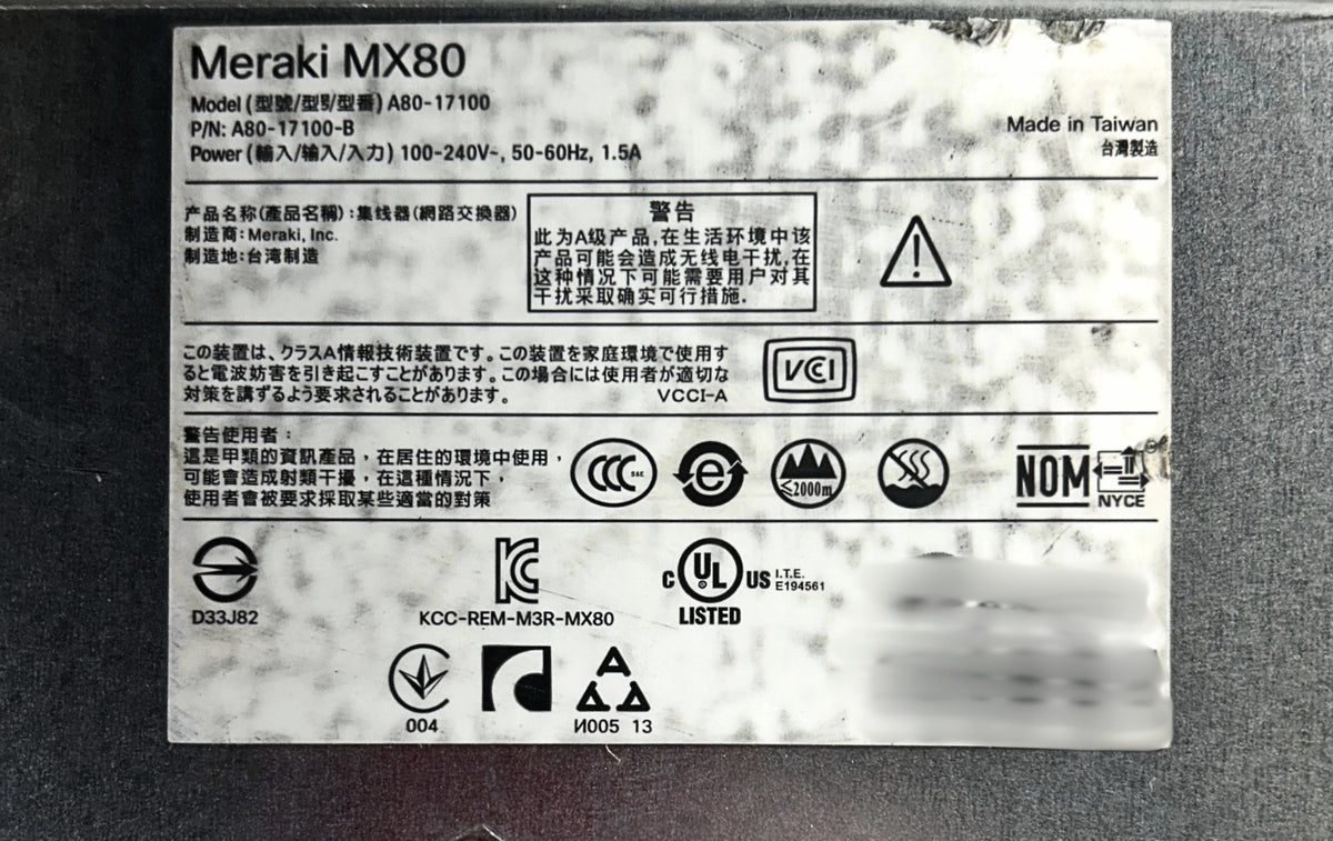 Cisco MX80-HW CISCO MERAKI MX80 SECURITY APPLIANCE, Used