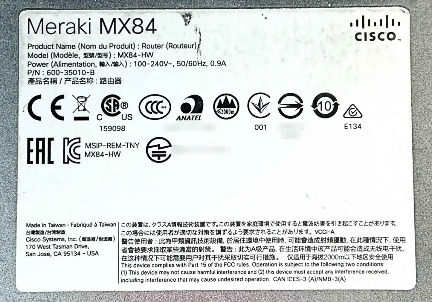 Cisco MX84-HW CISCO MERAKI MX84-HW, Used