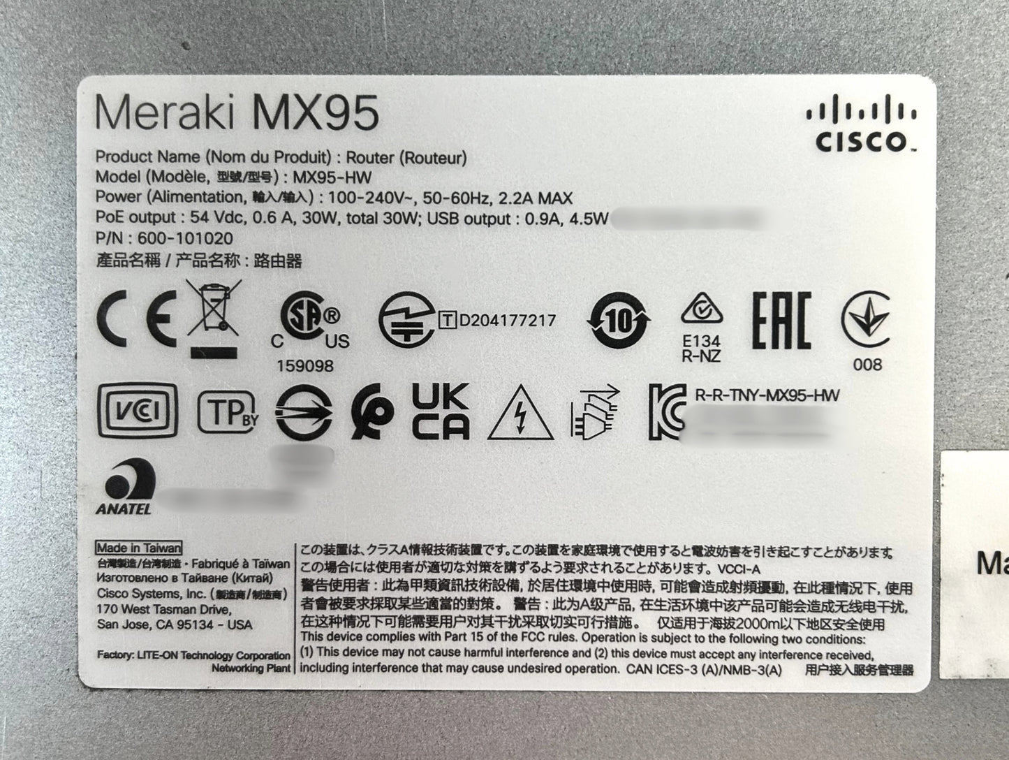 Cisco MX95-HW Meraki Cloud Managed Security Appliance, Used