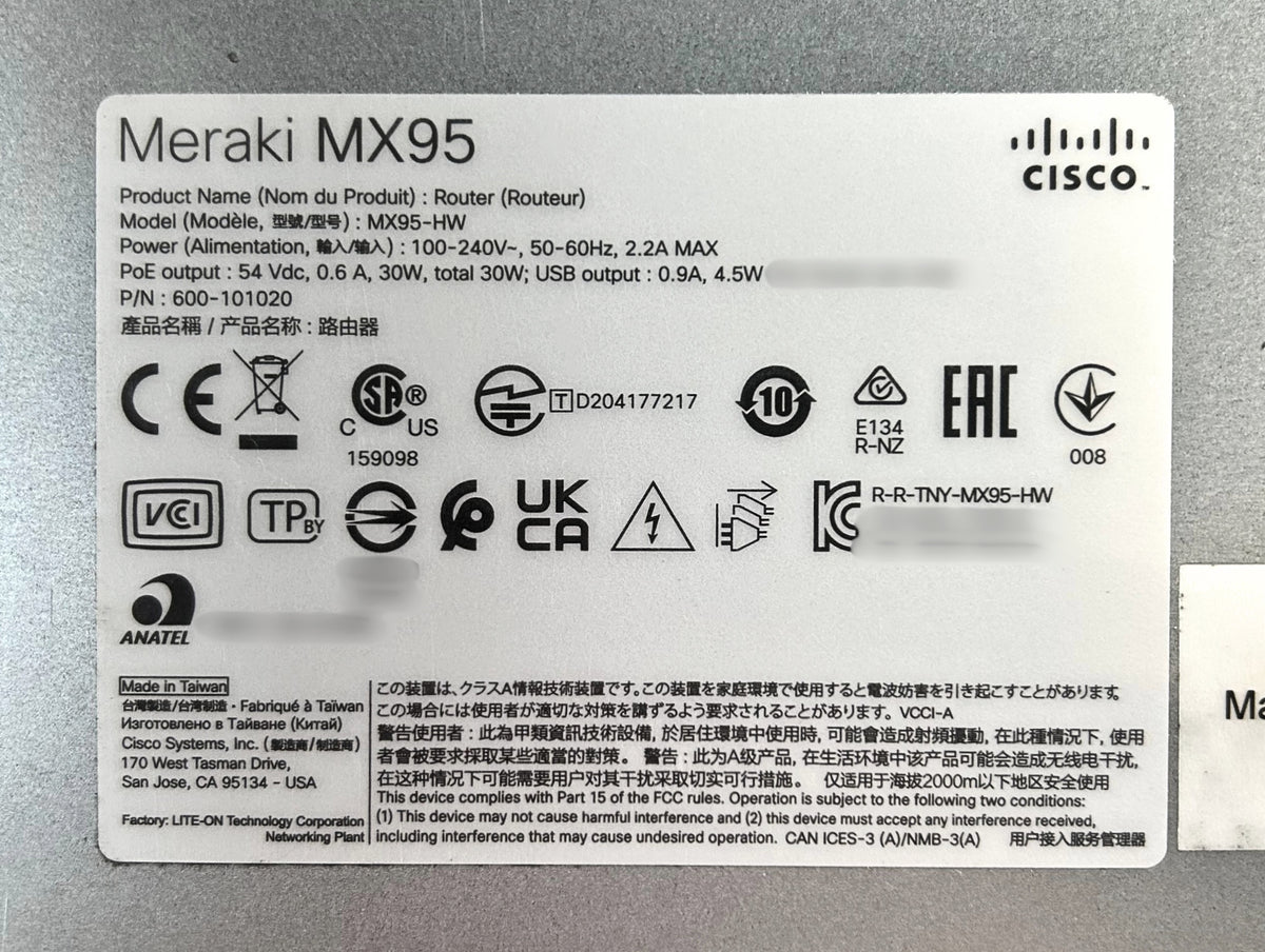 Cisco MX95-HW Meraki Cloud Managed Security Appliance, Used
