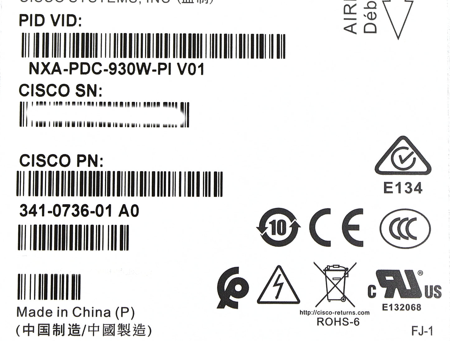 Cisco NXA-PDC-930W-PI Cisco Nexus 9000 930W DC PS, Port-side Exhaust, Used