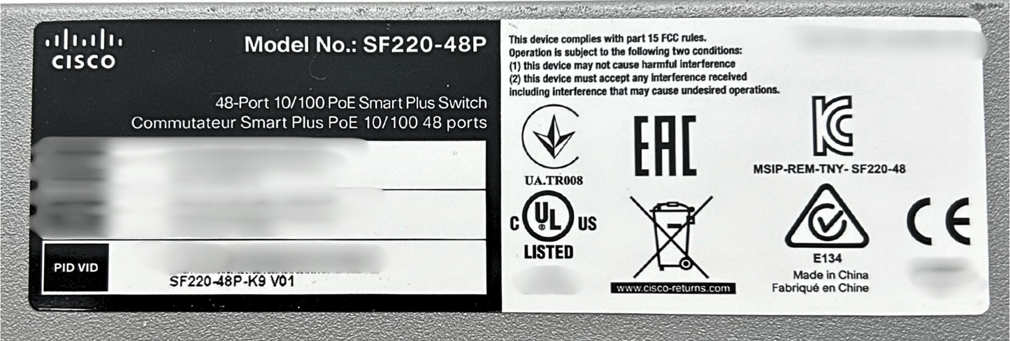 Cisco SF220-48P Cisco SF220-48P Smart Plus Switch PoE 10/100 48 Ports, Used