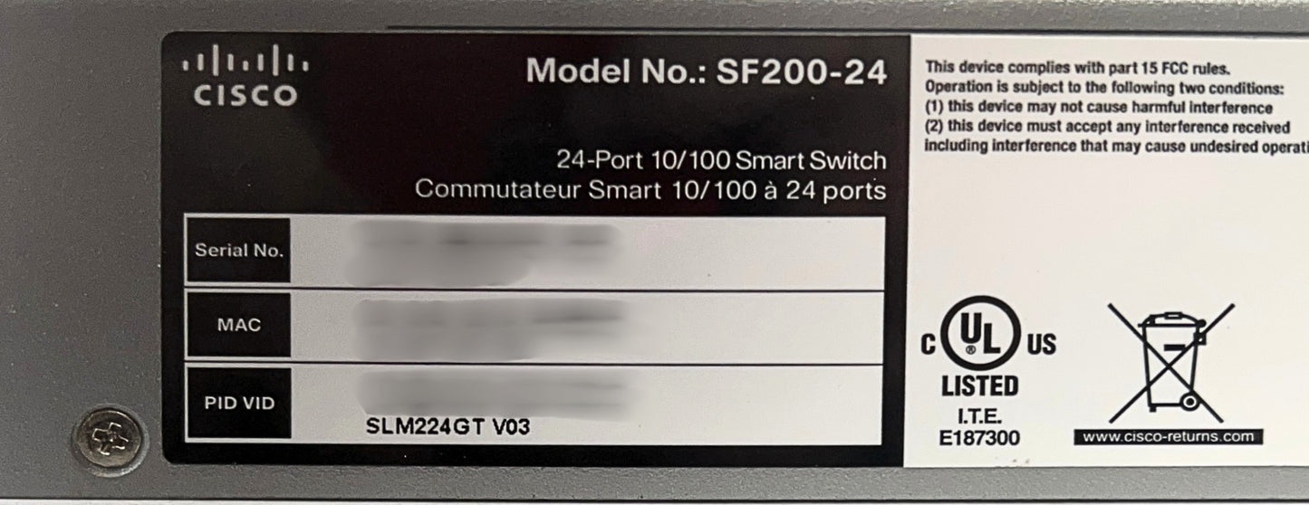Cisco SLM224GT 24-PORT 10/100 Smart Switch, Used