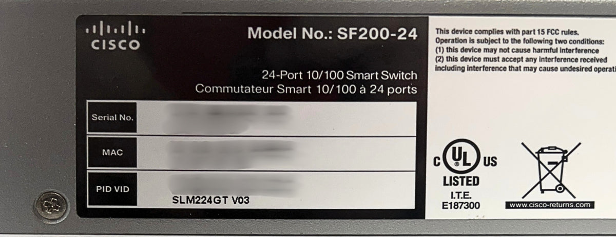 Cisco SLM224GT 24-PORT 10/100 Smart Switch, Used