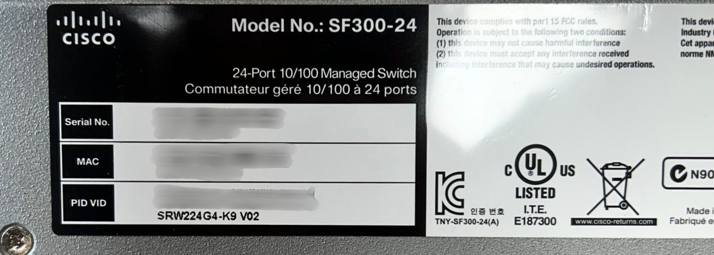Cisco SRW224G4-K9 Cisco SF300-24 24-Port 10/100 Managed Switch, Used