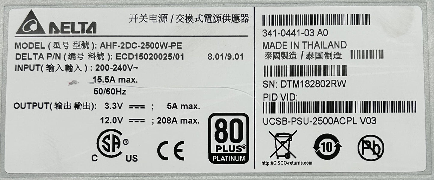Cisco UCSB-PSU-2500ACPL 2500W PLATINUM AC PWR FOR 5108, Used