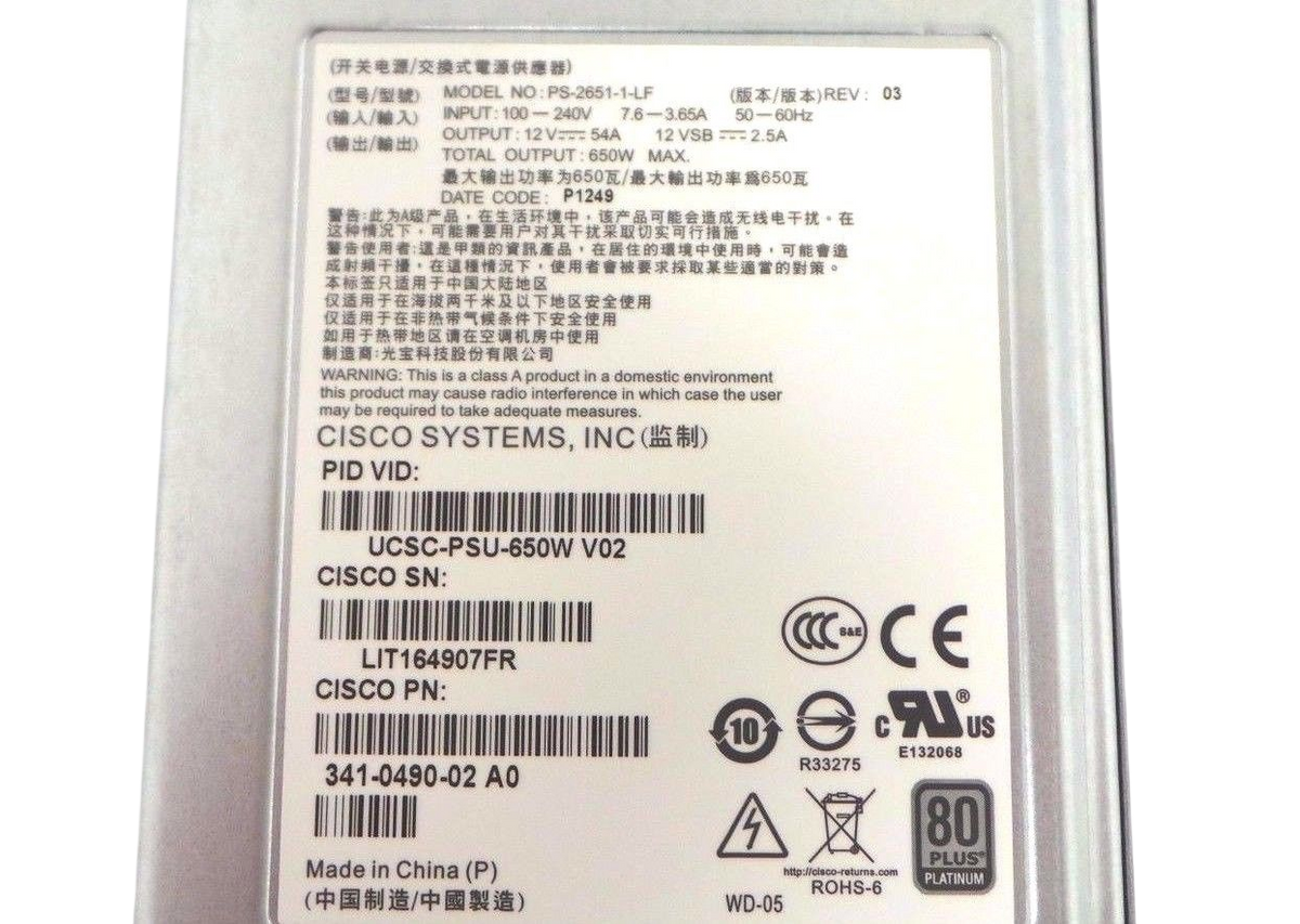 Cisco UCSC-PSU-650W Hot Plug Power Supply, Used
