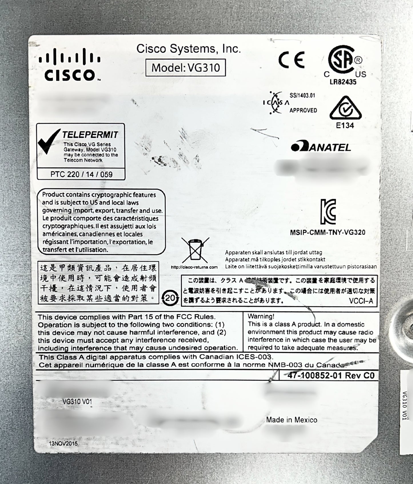 Cisco VG310 Cisco Modular 24 Port FXS VOIP Gateway, Used