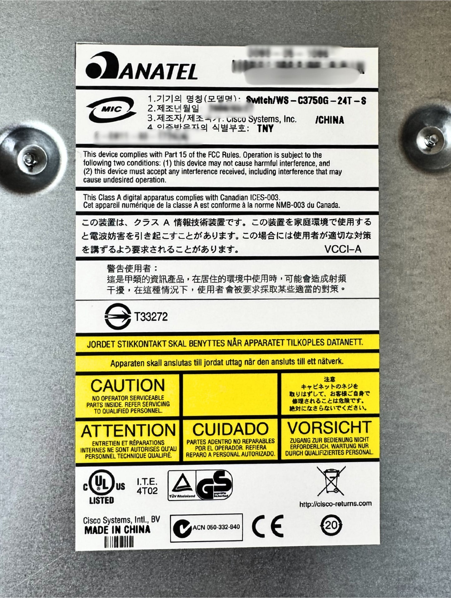 Cisco WS-3750G-24TS-S Cisco WS-C3750G-24TS-S 24-Port Gigabit Ethernet, Used