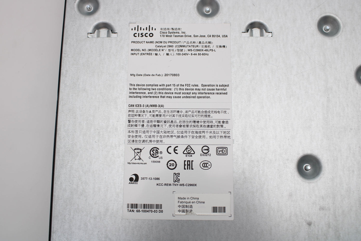 Cisco WS-C2960X-48LPS-L C2960X 48 PORT GIGE POE 370W, Used