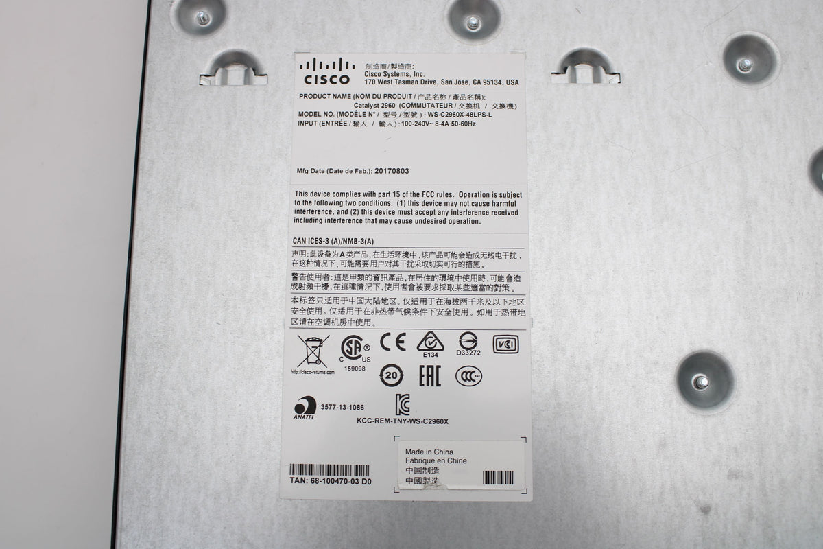 Cisco WS-C2960X-48LPS-L C2960X 48 PORT GIGE POE 370W, Used