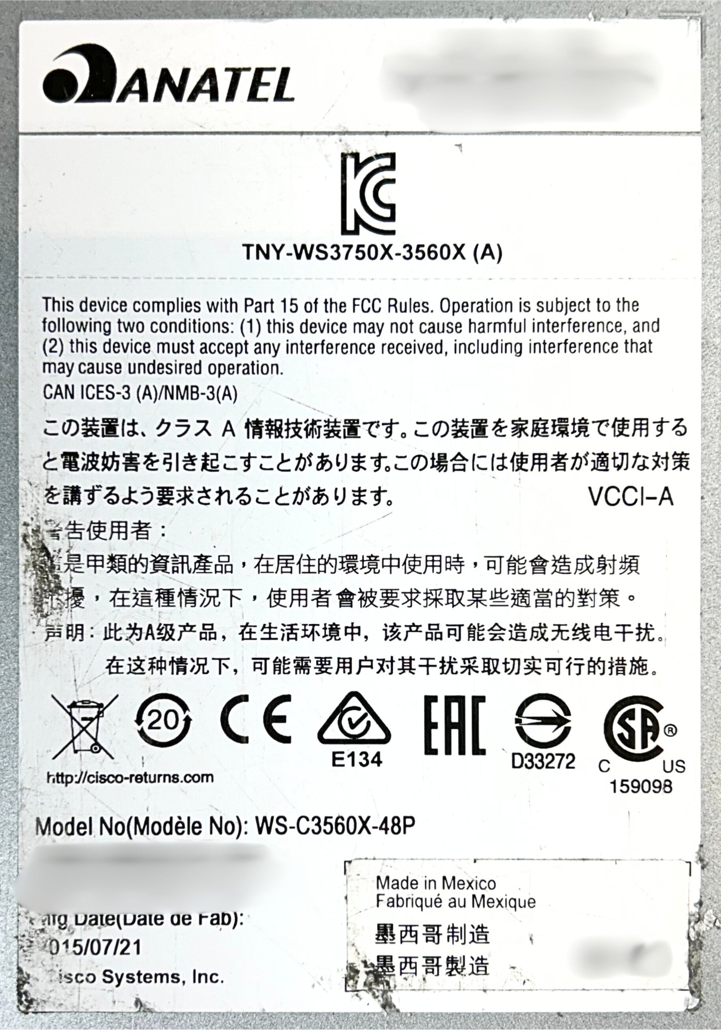 Cisco WS-C3560X-48P-S WS-C3560X-48P-S Cisco Catalyst 3560-X Switch, Used