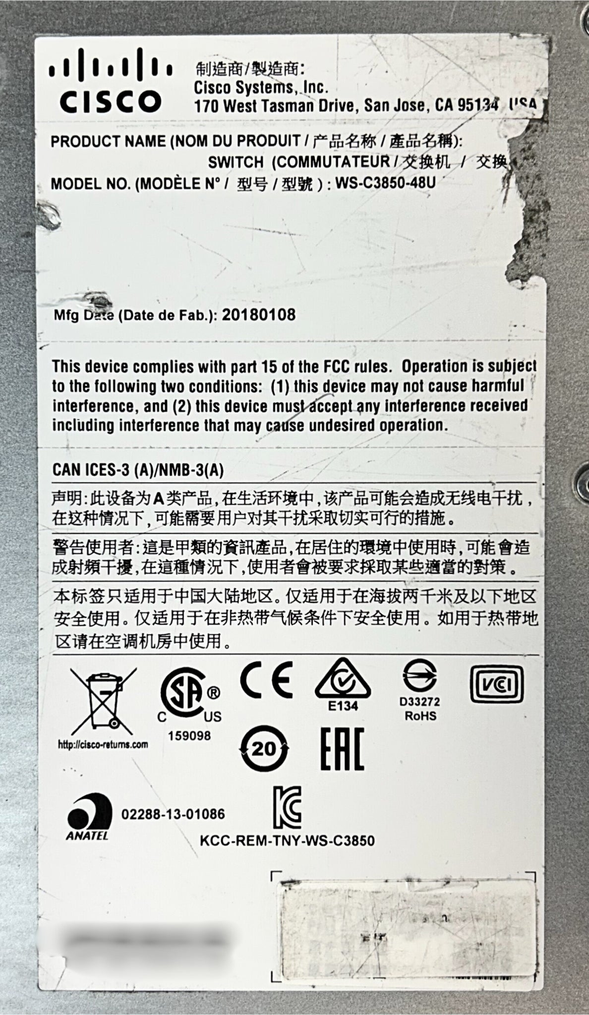 Cisco WS-C3850-48U-S Catalyst 3850 PoE+ 48 Port IPBase, Used