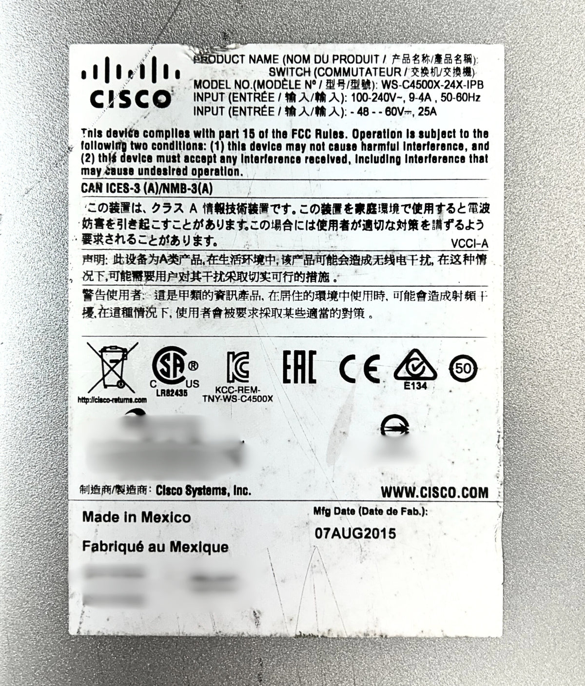 Cisco WS-C4500X-24X-IPB Catalyst 4500-X 24-Port 10G SFP+ IP Base Managed Switch, Used