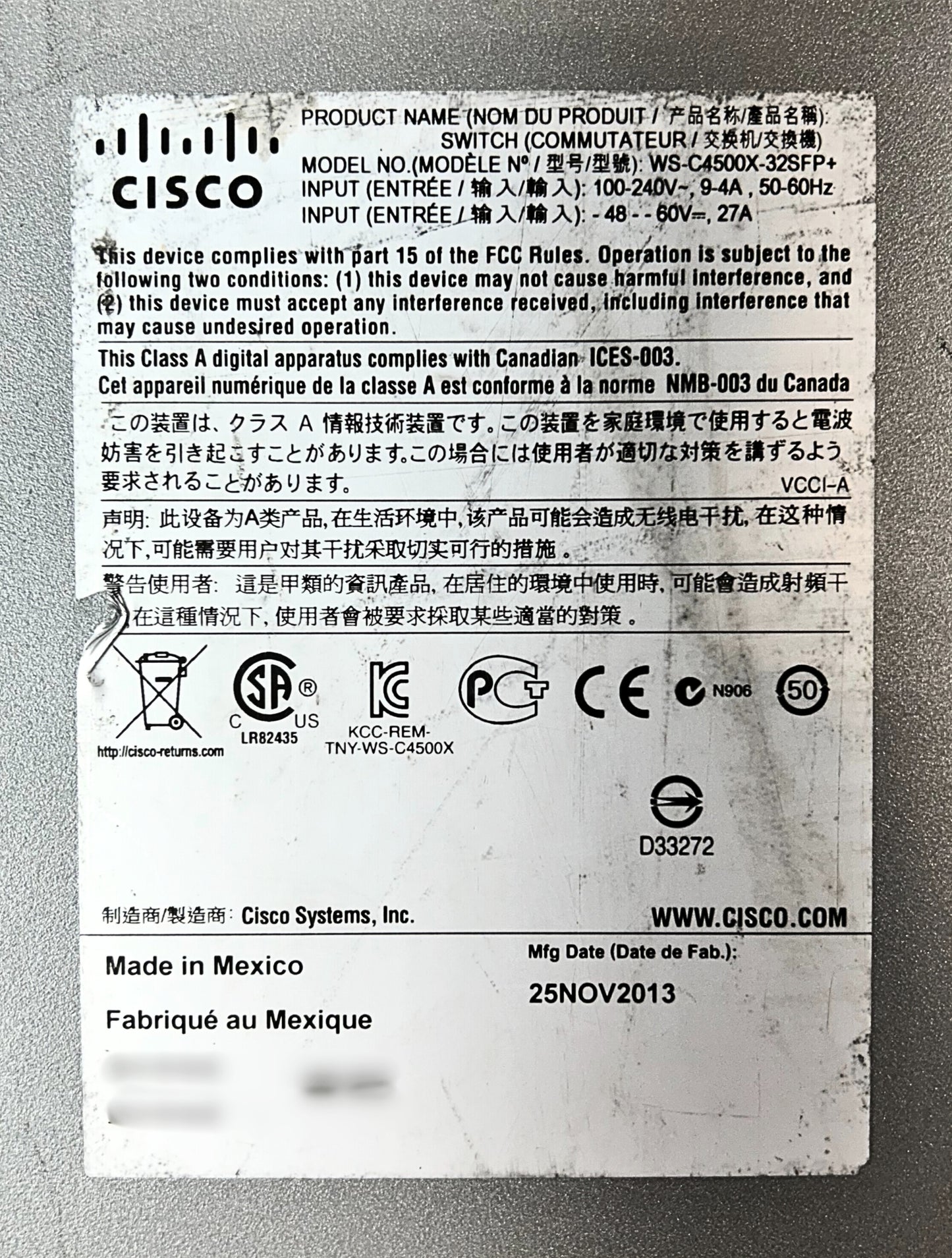 Cisco WS-C4500X-32SFP+ CAT4500-X 32-Port 10GE IP Base, Used