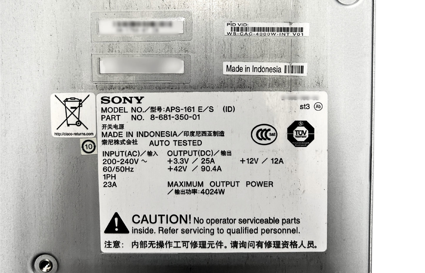 Cisco WS-CAC-4000W-INT 4000W AC POWER SUPPLY, INT"L, Used