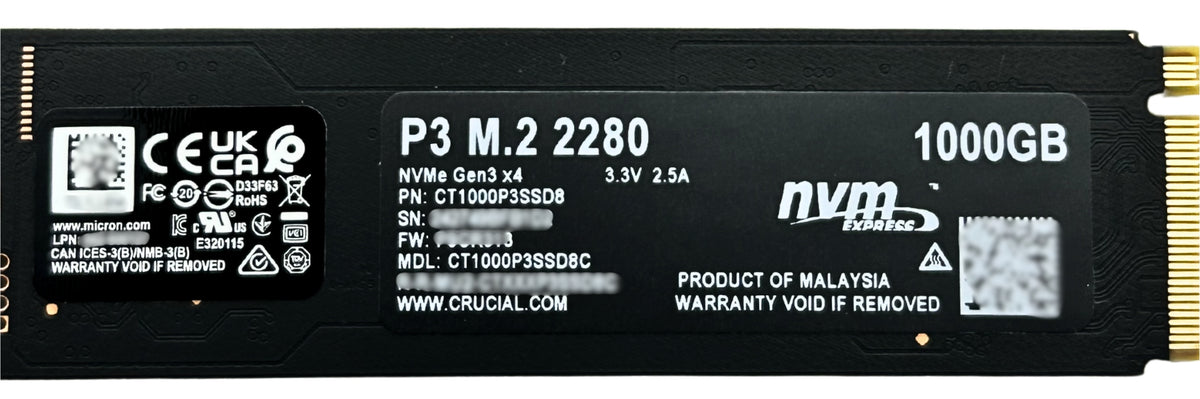 Crucial CT1000P3SSD8 1TB SSD M.2 NVME 80 Gen3x4 Crucial P3, Used