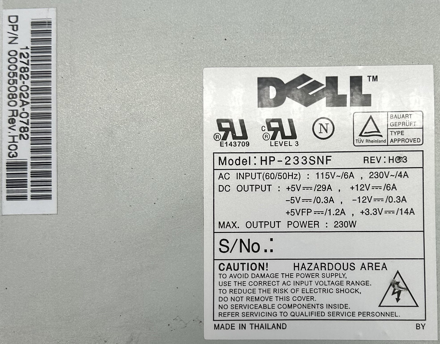Dell 00055080 200W POWER SUPPLY HP-233SNF, Used