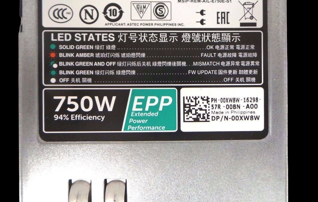 Dell 00XW8W Astec PowerEdge R730 / R630 / T430 750W Power Supply, Used