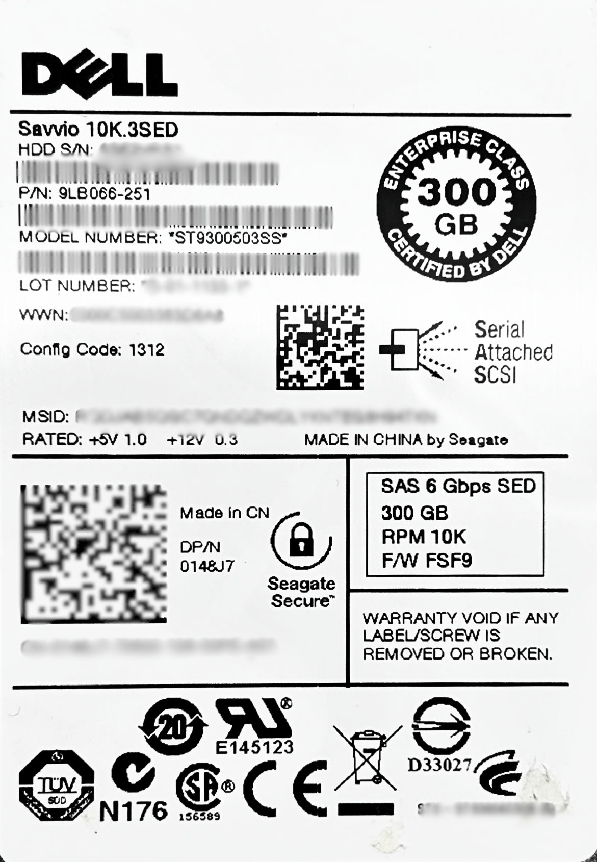 Dell 0148J7 300GB 10K SAS 2.5" 6G SED, Used