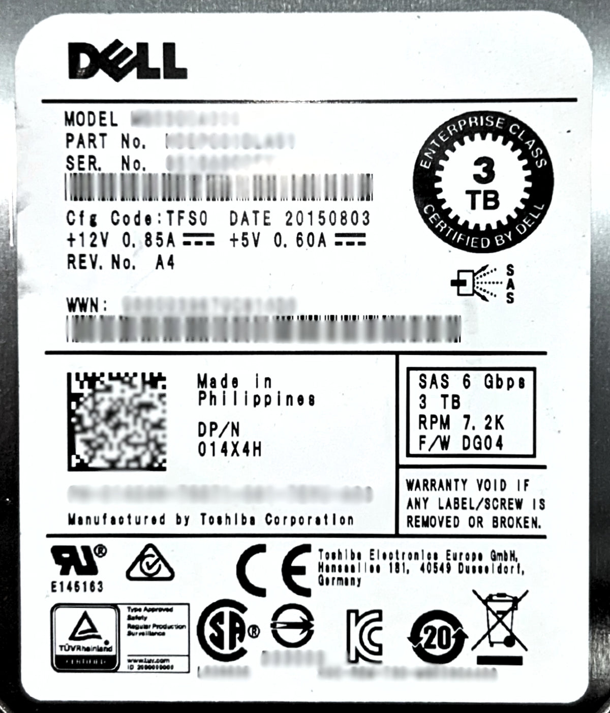 Dell 014X4H 3TB 7.2K SAS 3.5 6G EP MG03SCA300, Used